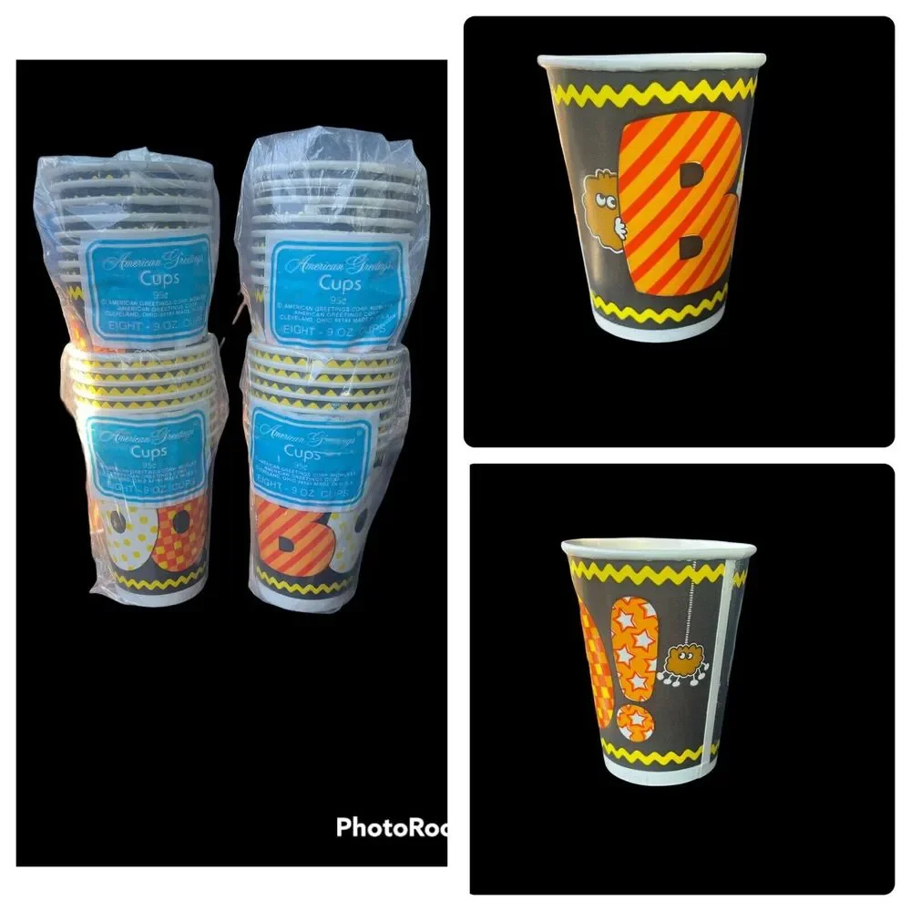 Vintage Halloween Black Orange Boo Spooky Spider Waxed Paper Cups 32 9oz NOS USA